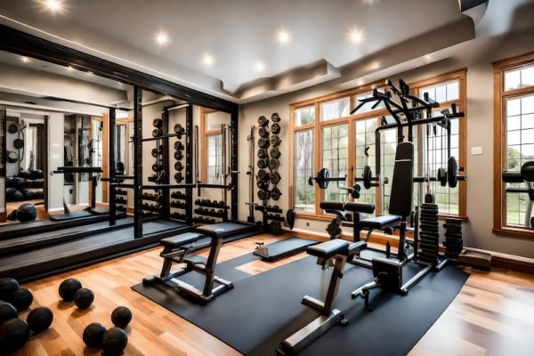 A luxury home gym with a variety of exercise equipment.